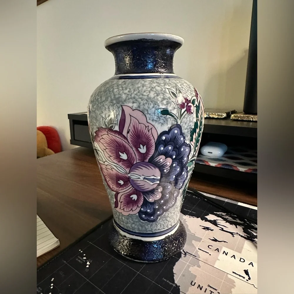 Japanese Vase Textured Paint Moriage Green Blue Pink 8.5" Tall Vintage - Picture 1 of 5